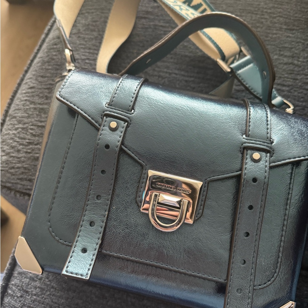 Michael Kors Metallic Blue Manhattan Crossbody Bag with Silver Accents